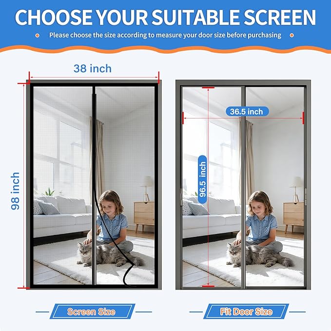 Magnetic Screen Door Upgraded PET Mesh Stronger Than Fiberglass and Polyester,Hands Free,Keeps Bugs Out,Pet & Kid Friendly，Suitable for Home and Screen Size 38" X 98"