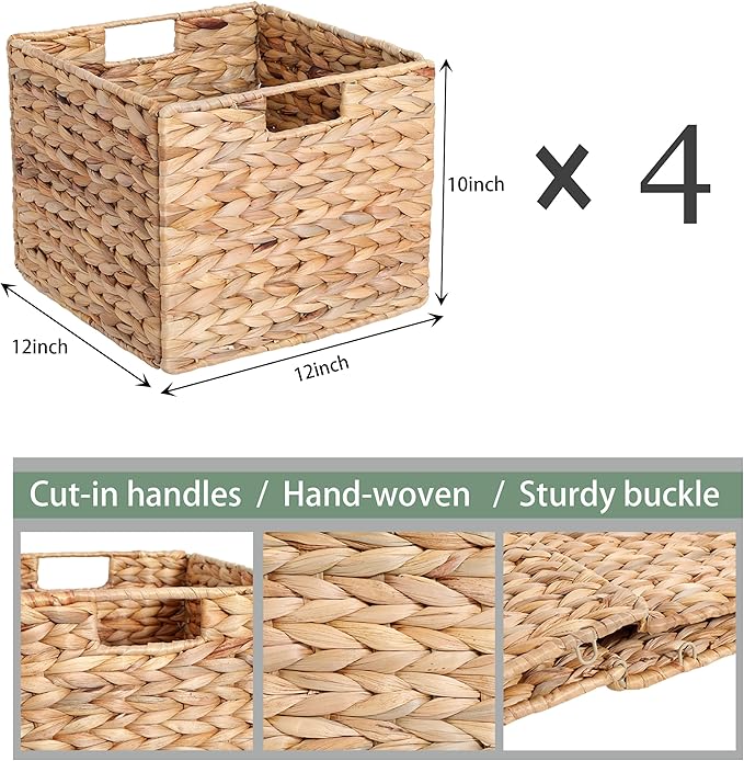 12x12x10 Water Hyacinth Storage Basket Large, Folding Cube Woven Wicker Storage Basket for Shelves, Pantry Baskets Organization and Storage, Large Rattan Basket Set of 4