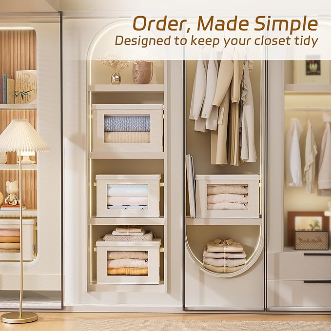 4-Pack Fabric Foldable Storage Bins Closet Storage Box with Window Decorative Storage Bins with Lids for Clothes, Closet, Books, Living Room, Beige, 15“ x 9.8” x 9.8"