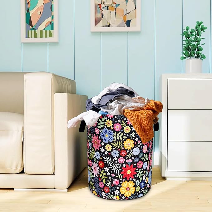 Colorful Folk Flowers Laundry Basket Oxford Cloth Floral Laundry Hamper With Handle Foldable Portable Clothes Storage Basket 18.9 X 16.5 In Storage Bag For Laundry Room/Bathroom/Bedroom/Dormitories