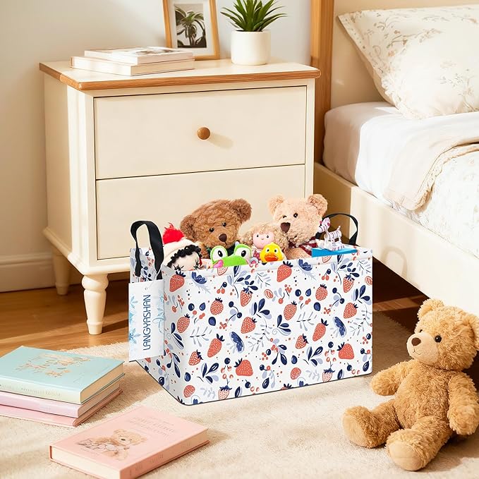LANGYASHAN Rectangular Storage Bin Collapse Canvas Fabric Cartoon Storage Basket with Handles for Organizing Home Kitchen Boys and Girls Toys Office Closet Shelf Baskets (Rec Strawberry)