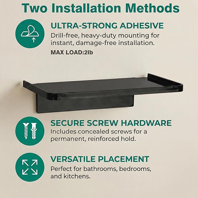 EHKIT Small Floating Shelf Heavy Acrylic Adhesive Stick on Sticky Strips/Nail Screws Wall Mount Bathroom Organizer Wipes Phone Glasses Essential Oil Perfume (Black)