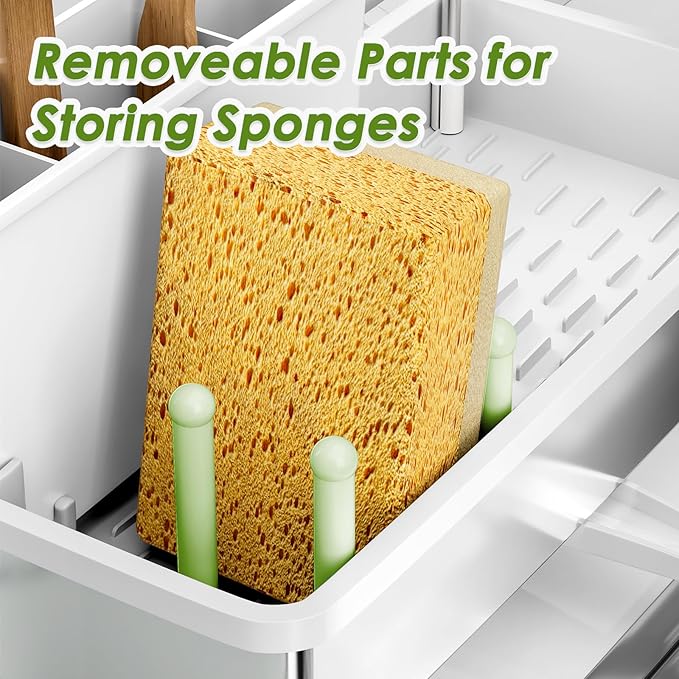 Ewaiira Stainless Steel Sink Caddy, Sponge Holder for Kitchen Sink with Brush Holder & Dishcloth Rack, Rustproof Organizer Countertop, Soap Dispenser Kitchen Organizers Storage Essentials, White
