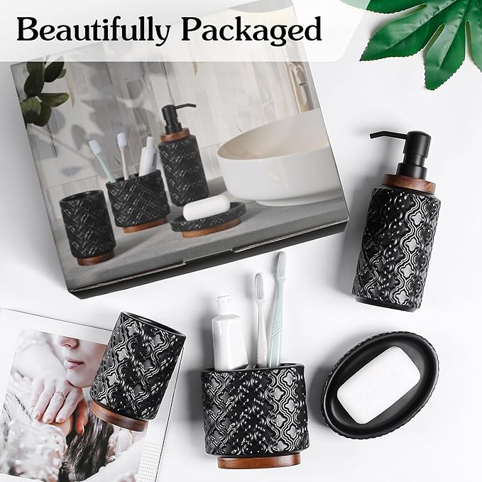 Bathroom Accessories Set 4 Pcs Toothbrush Holder Soap Dispenser Ceramic and Wood Bathroom Decor Set with Toothbrush Cup Soap Dish Tumbler Black
