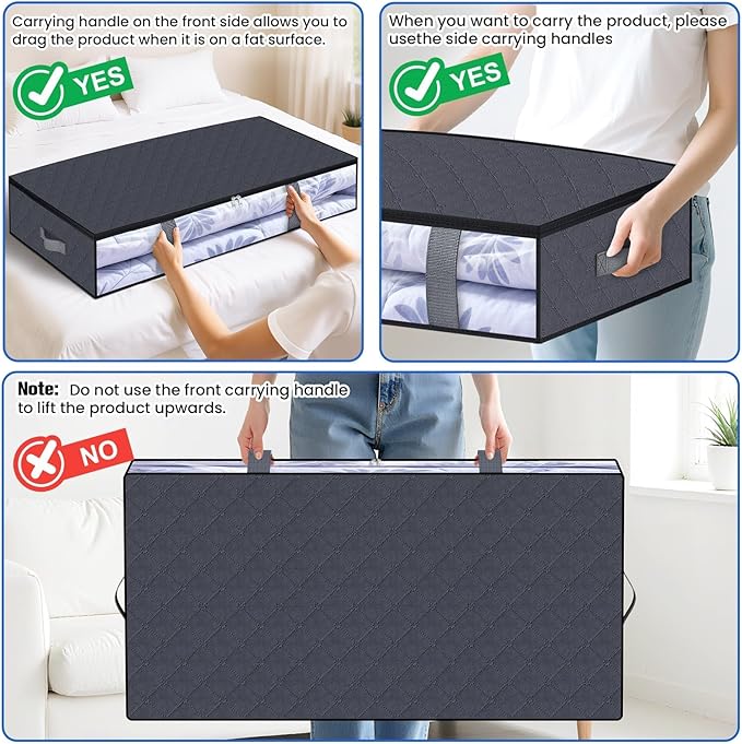 Under Bed Storage Containers, 8 Pack Blanket Storage Bags, Collapsible Storage Bags with Big Zippers, Clear Front, Shoe Storage and Organization for Clothes, Comforter, 90L, Grey