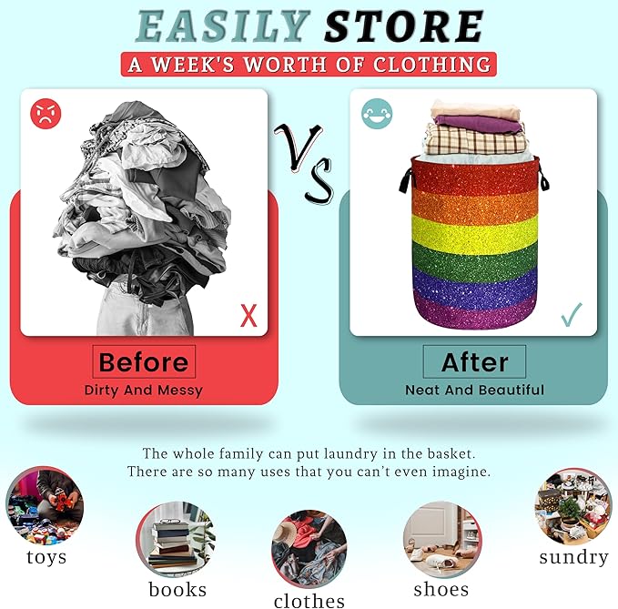 Shiny Rainbow Printed Laundry Basket Gay Funny Laundry Hamper Foldable Oxford Cloth Colorful Tote Bag Clothes Toy Storage Bucket 18.9" x 16.5" For Bathroom/Laundry Storage/Bedroom