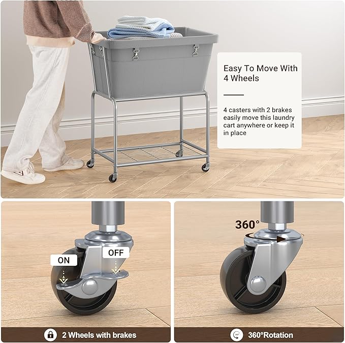 ELYKEN Laundry Cart with Wheels, Rolling Laundry Hamper with Removable Bag and Shelf, Metal Frame Laundry Basket with 4 Casters and 2 Brakes, Ideal for Bedroom, Bathroom, Laundry Room, Gray
