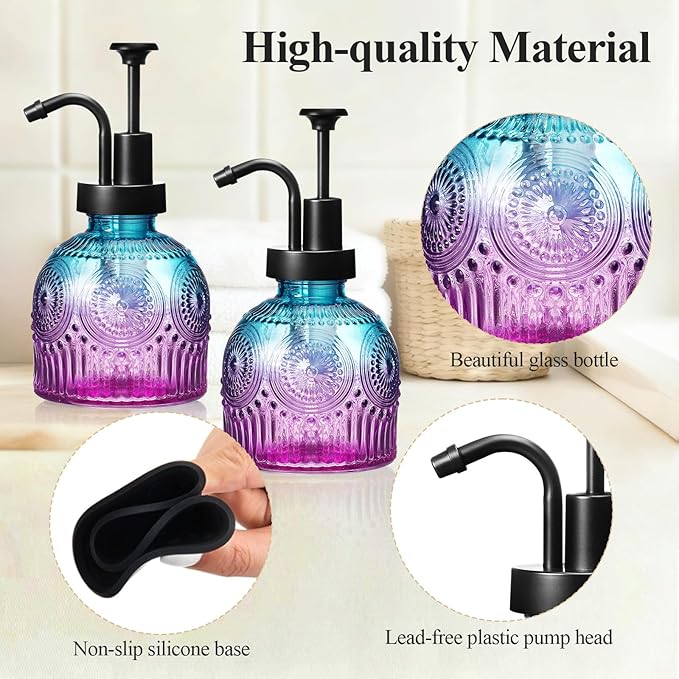 SheeChung Vintage Soap Dispenser, Kitchen Dish Soap Dispensers with Pump Mat, Glass Hand Soap Dispenser for Bathroom, Liquid, Lotion, Refillable, Rustic Farmhouse Decor-Purple Blue (Black Pump, 2 pk)