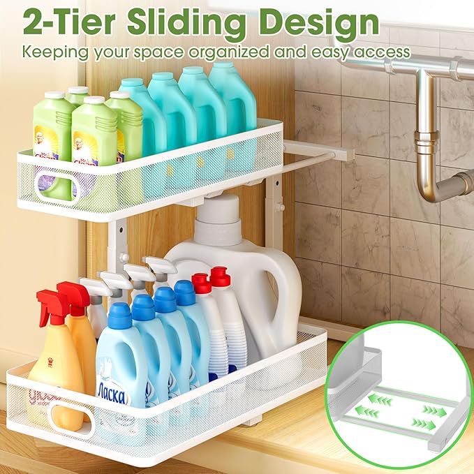 Under Sink Organizer 2-Pack, Metal 2-Tier Pull-Out Cabinet Shelf with Slide-Out Mesh Drawers, Height Adjustable, Space-Saving Under Sink Storage Racks for Kitchen, Bathroom, Laundry Room, White