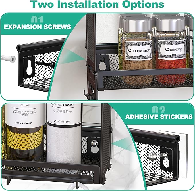 Docnest 3 Tier Wall Mounted Spice Rack with 9 Hooks-2 Installation Ways (Screw/Adhesive), Space-Saving Metal Spice Shelf for Jars & Seasonings, Hanging Organizer for Kitchen, Pantry, Home Decor, Black