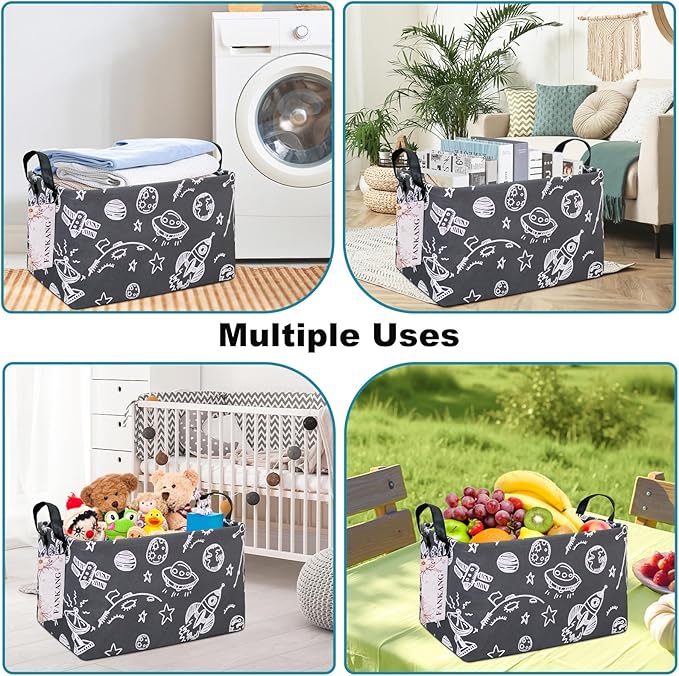 FANKANG Storage Basket,Nursery Hamper Canvas Laundry Basket Foldable with Waterproof PE Coating Storage, Office, Bedroom, Clothes,Toys (Rec-Space Planet)