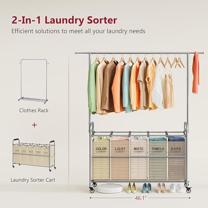 Tajsoon Laundry Sorter with Hanging Bar, 5 Bag Laundry Sorter with Wheels, 246L (65 Gal.) Laundry Hamper with Adjustable Hanging Rack, Laundry Room Organization and Storage, Beige