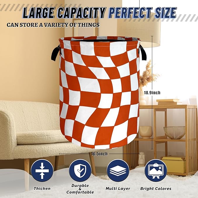 Orange Checkerboard Laundry Hamper Foldable Oxford Cloth Colorful Plaid Laundry Basket With Handle Portable Clothes Storage Organizer Basket 18.9"x16.5" Storage Bag For Laundry Room/Bathroom/Bedroom
