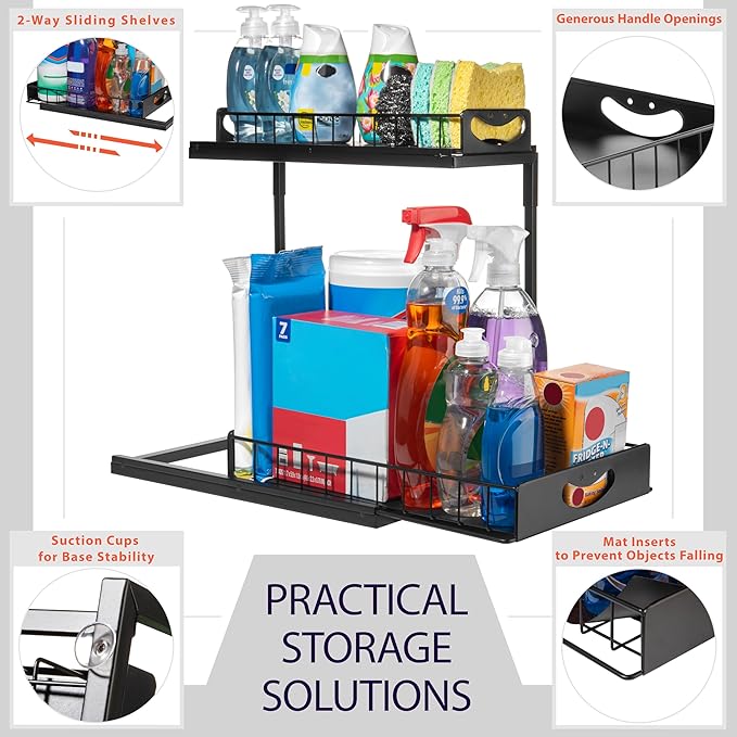 ClearSpace Under Sink Organizer, Pull Out Cabinet Organizer, 2 Pack - 2 Tier Slide Out Organizers and Storage Shelf - Metal Sliding Drawer for Kitchen Bathroom Pantry Cabinet Organization Rack, Black