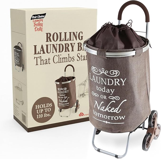 dbest products Stair Climber Laundry Trolley Dolly, Brown Laundry Bag Hamper Basket cart with wheels sorter
