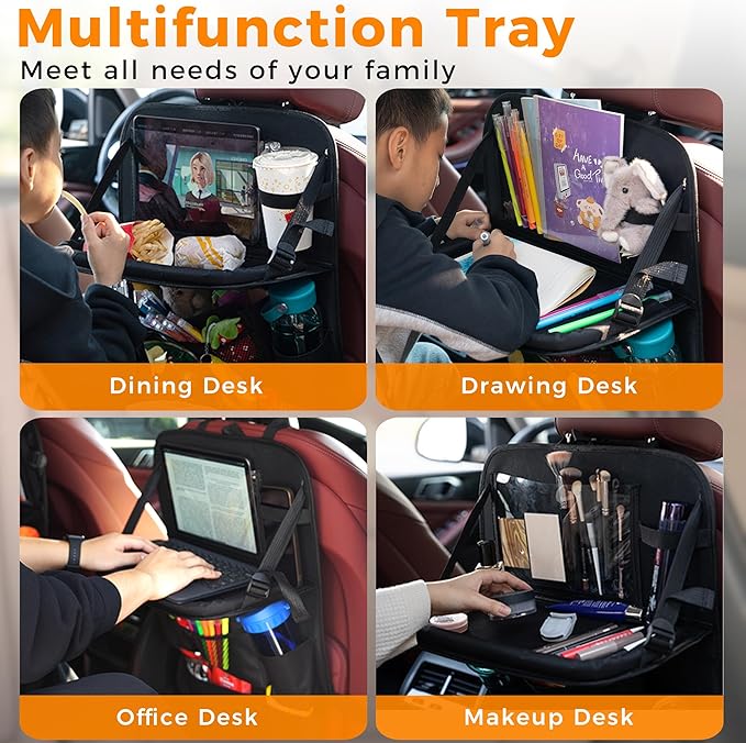 Backseat Car Organizer with Tray, 9 Storage Pockets Back Seat Protector with Foldable Tablet Holder, Waterproof Back of Seat Kick Mats for Kids Adult, Road Trip Essentials Travel Accessories, Black