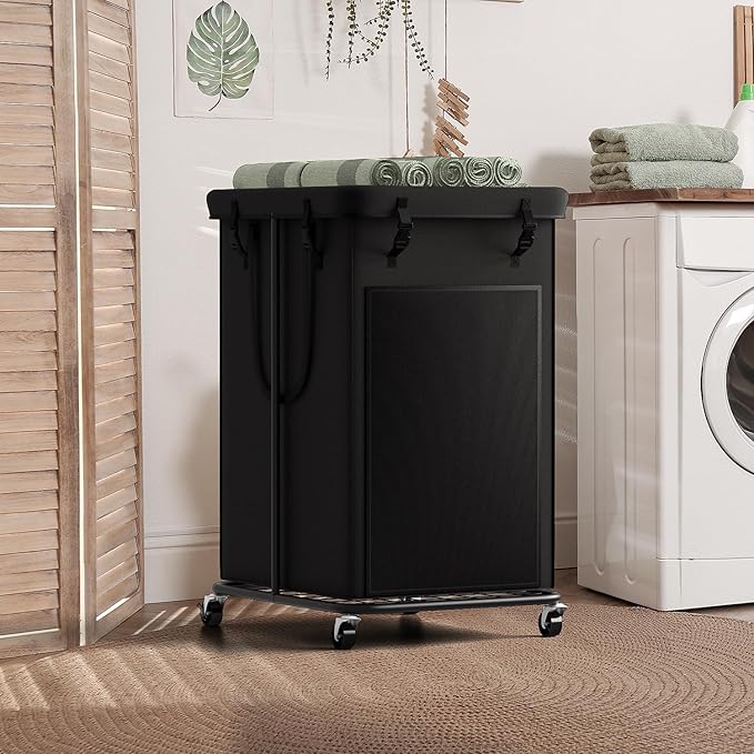 Laundry Basket 155L, Oxford Fabric Laundry Hampers, Metal Frame and Removable Bag Design with Wheels, Suitable for Bedroom, Bathroom, Dorm Room, Laundry Room (Pure Black)