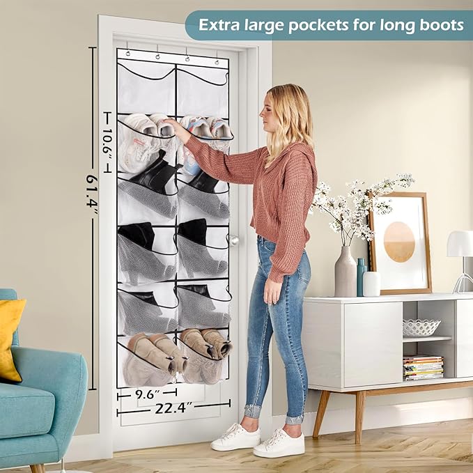 KIMBORA Over The Door Shoe Organizer 12 Large Mesh Pockets Boots Hanging Storage Shoe Rack for Closet White
