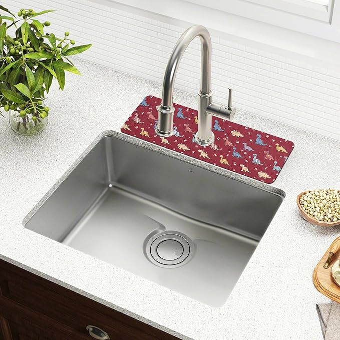 Red Dinosaur Stars Paw Prints Colorful Hearts Kitchen Sink Splash Guard Sink Faucet Mat Faucet Handle Drip Catcher Drain Mats for Kitchen Bathroom Countertop Absorbent Dish Dryi