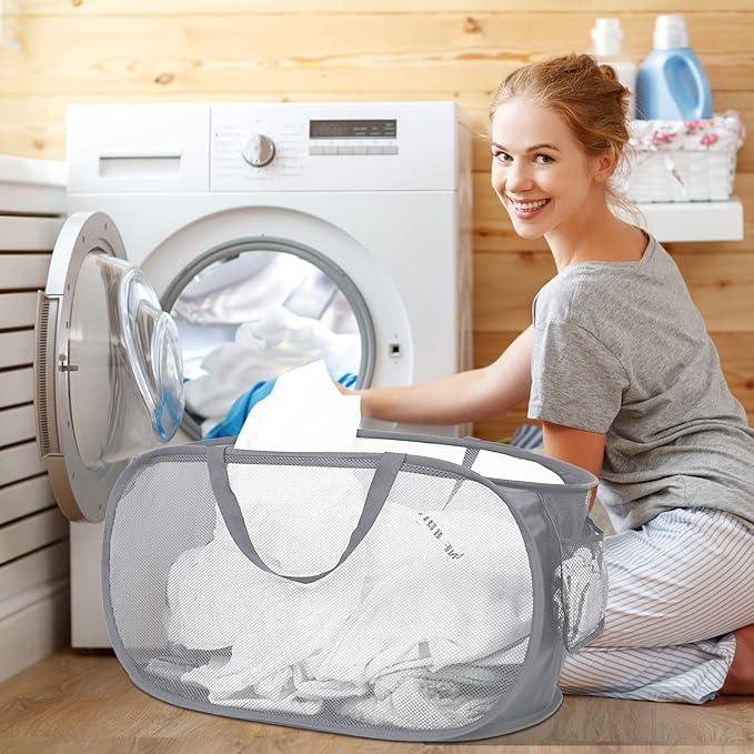 Durable Collapsible Laundry Baskets, Mesh Pop Up Laundry Hamper with Side Pocket, Foldable Clothes Hamper with Reinforced Carry Handles for Laundry, Bathroom, Kids Room, Dorm or Travel 2 Pack Grey