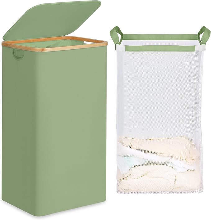 efluky 26 Gal Laundry Basket with Lid and Net Bag, Tall Laundry Hamper with Bamboo Handles, Aesthetic Dirty Clothes Bin for Laundry Room, Bathroom, Bedroom and Dorm, Green