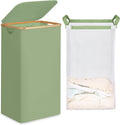 efluky 26 Gal Laundry Basket with Lid and Net Bag, Tall Laundry Hamper with Bamboo Handles, Aesthetic Dirty Clothes Bin for Laundry Room, Bathroom, Bedroom and Dorm, Green