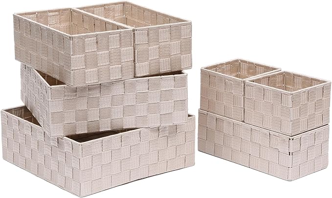 Storage Bins Woven Organizer Set of 7 – Polypropylene Storage Baskets with Metal Frame, Stackable Fabric Boxes for Drawers, Closet, Shelf, Nursery and Office, Beige