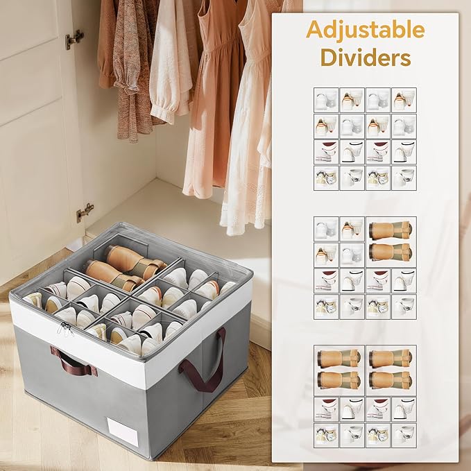 Criusia Shoe Organizer for Closet, 2 Pack Foldable Shoe Storage Organizer Box Bin with Adjustable Dividers and Clear Cover, Closet Shoe Storage for Sneakers Sandals Boots, Fit 16-32 Pairs, Gray