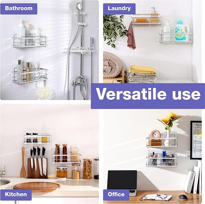 KINCMAX Iron Shower Caddies - Self Adhesive Bathroom Shelves for Showers - Wall Organizer Shampoo Holder Shelf - Peel and Stick On Caddy Bath Tub Rack - Pack of 2 Holders - Silver