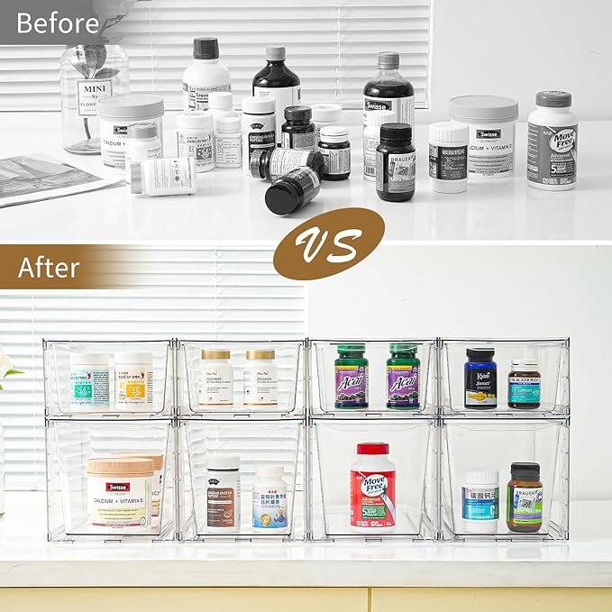 8Pack Stackable Kitchen Storage Organizer, Pantry Organizers and Storage, Clear Foods Organizer Bins with Handles, Easily Assemble for Bathroom, Kitchen, Pantry, Cabinet, Closet