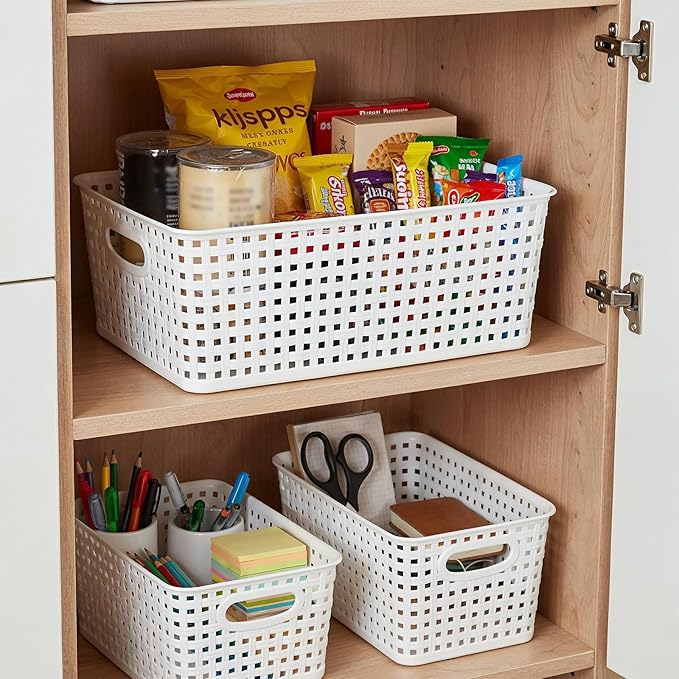 Pack of 4 Plastic Storage Basket,White Desktop File Paper Letter Organizer Tray,Plastic Baskets for Organizing（11.4"X9"X4.7" ）