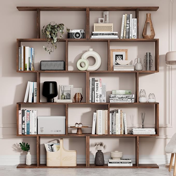 Cozy Castle Set of 2 Geometric Bookcase, S-Shaped Modern Bookshelf, Room Divider Bookshelf, 62" Tall Unique Abstract Bookcase with 5-Tier Display Shelf for Living Room Office, Rustic Brown