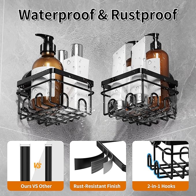 KEGII Suction Cup Shower Caddy 4 Pack, Universal Fit for All Showerheads, No Drill Bathroom Organizer with 36 Hooks & Razor Holder, Removable and Waterproof, Black