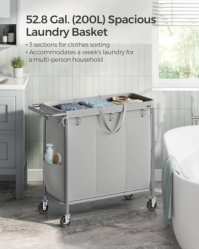 SONGMICS Laundry Basket with Wheels, 3-Section Rolling Laundry Hamper, 52.8 Gallons (200 L), Removable Liner, Steel Frame with Handle, 35.8 x 15.4 x 31.9 Inches, Dove Gray URLS005G01