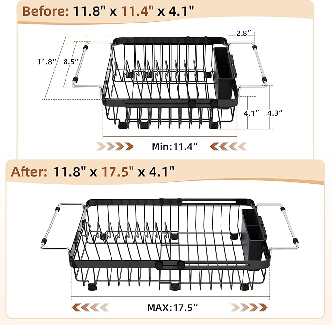 romision Expandable Dish Drying Rack Over The Sink Small Metal Stainless Steel Plate Holder for Compact Kitchen, Space Saving Modern Black Hanging Drainer