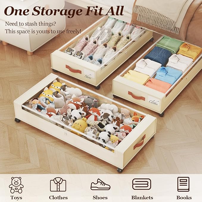 Yecaye 70L Under Bed Storage with Wheels, 3 Pack Larger Capacity Under Bed Storage Containers, Underbed Shoe Storage Organizer, Rolling Under Bed Metal Drawers for Clothes, Blankets, Beige