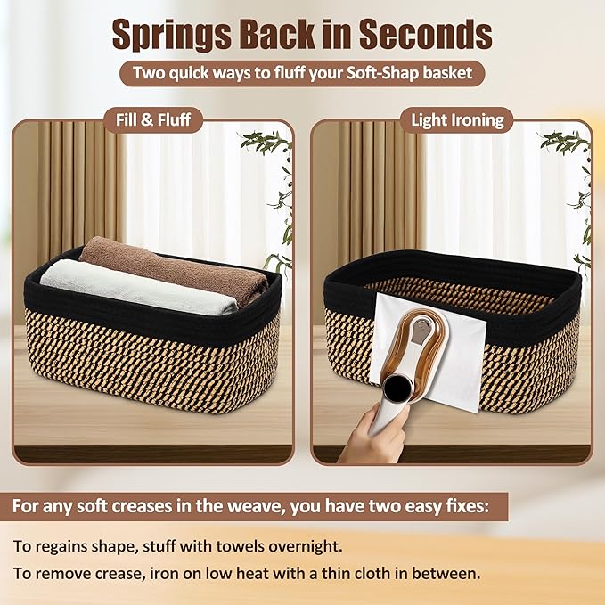 5-Pack Small Woven Rope Storage Baskets – 2 Sizes Organizer Bins for Closet, Shelf, Bookshelf, Nursery, Changing Table, Fabric Cube Boxes, Rectangular Shallow Bins for Bathroom, Toy & Home