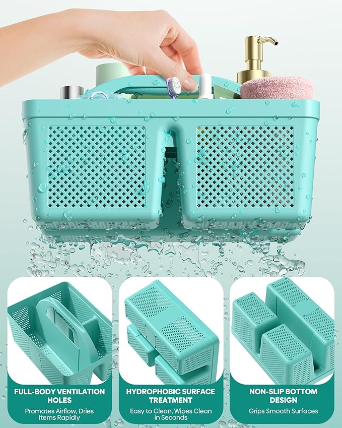 MLIKLU 4 Pack Portable Shower Caddy, Integrated Handle, Reinforced Plastic, Quick-Dry Ventilation Holes, Multi-purpose Storage Basket for Home, Dorm and Bathroom, Kitchen, Under Sink Storage, Cyan