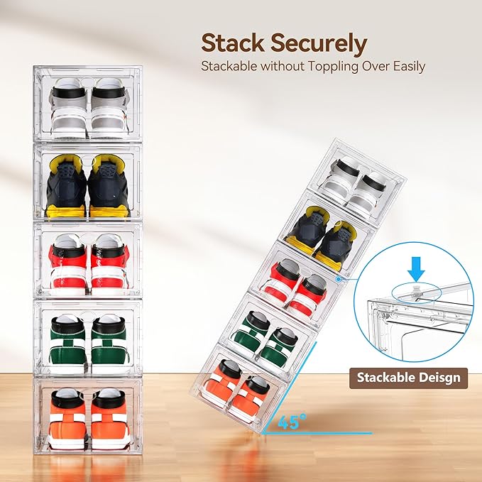 Katoora XX Large Clear Shoe Storage Box Organizer for Closet, 9 Pack Thicken Hard Plastic Stackable Shoe Sneaker Rack Display Case Container Bins Organizer, Easy Assembly, Clear