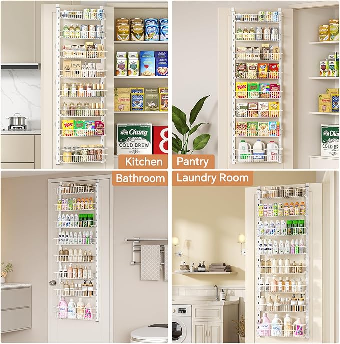 MIAOLI Over the Door Pantry Organizer, 8-Tier Adjustable Spice Rack Cabinet Door Shelves, Hanging Seasoning Organizer for Kitchen Bathroom, Laundry Room Organization, White