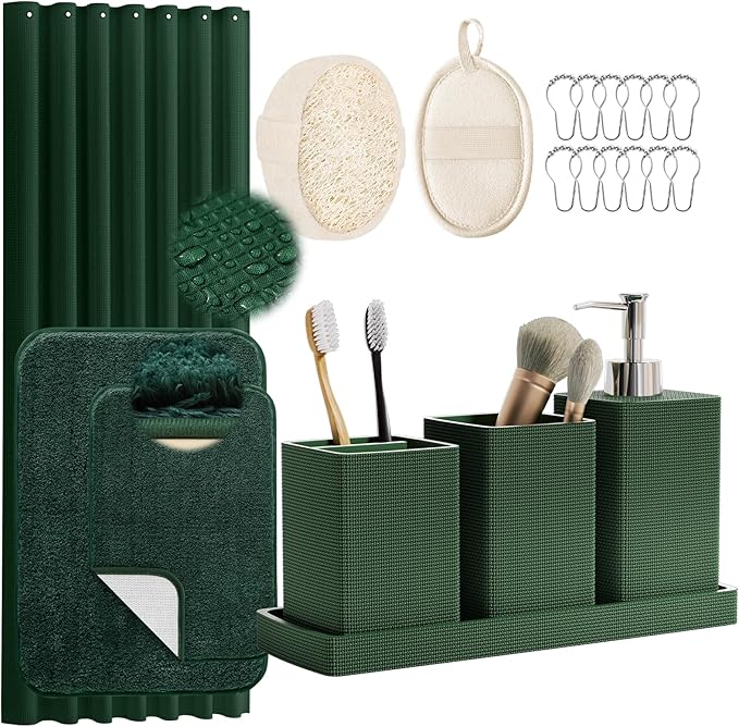 Green Bathroom Set, Dark Green Bathroom Accessories Set with Shower Curtain and No-Slip Bath Rugs, Natural Loofah Sponge, Soap Dispenser, Toothbrush Holder, Bathroom Tumbler and Tray for Bathroom