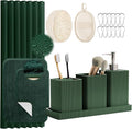 Green Bathroom Set, Dark Green Bathroom Accessories Set with Shower Curtain and No-Slip Bath Rugs, Natural Loofah Sponge, Soap Dispenser, Toothbrush Holder, Bathroom Tumbler and Tray for Bathroom