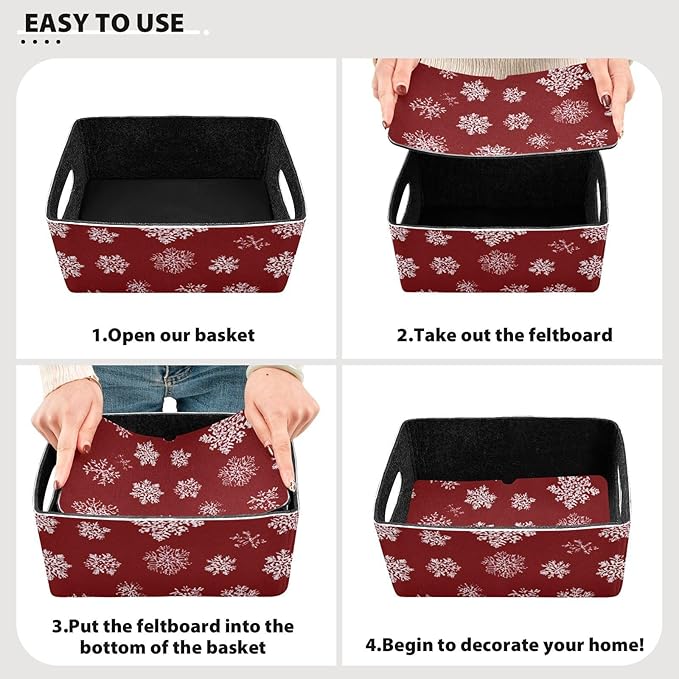 Red Winter Snowflakes Closet Storage Bins 2 Pcs Felt Open Home Storage Containers Organizer with Handles Collapsible Shelf Basket for Home Office Craft Room Classroom Fabric