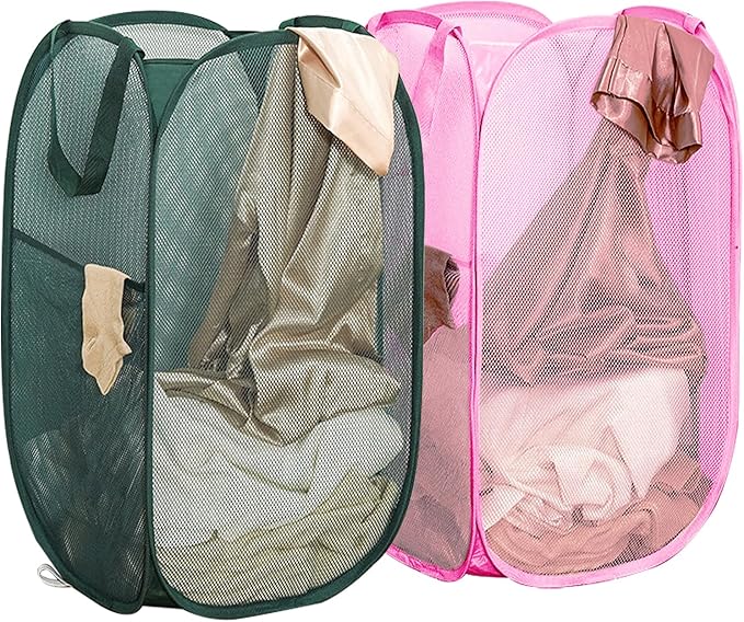 Pop Up Laundry Hamper Thick Mesh Collapsible Laundry Baskets, Large Side Pocket, Strong Handles, Travel Friendly for Cruise, RV (Green+Pink)