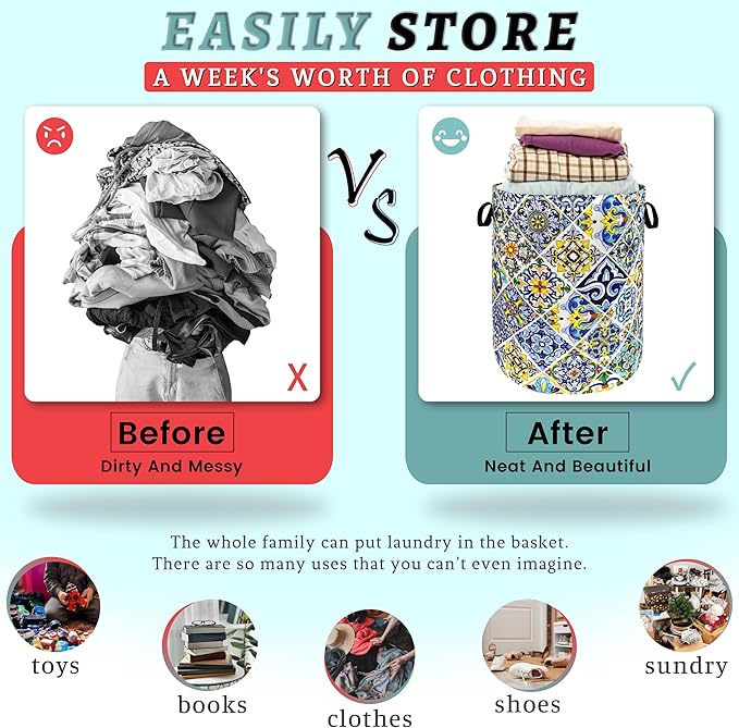 Mexican Tiles Laundry Basket Blue Green Boho Print Funny Laundry Hamper Foldable Oxford Cloth Colorful Tote Bag Clothes Toy Storage Bucket 18.9"x16.5"For Bathroom/Laundry Storage/Bedroom