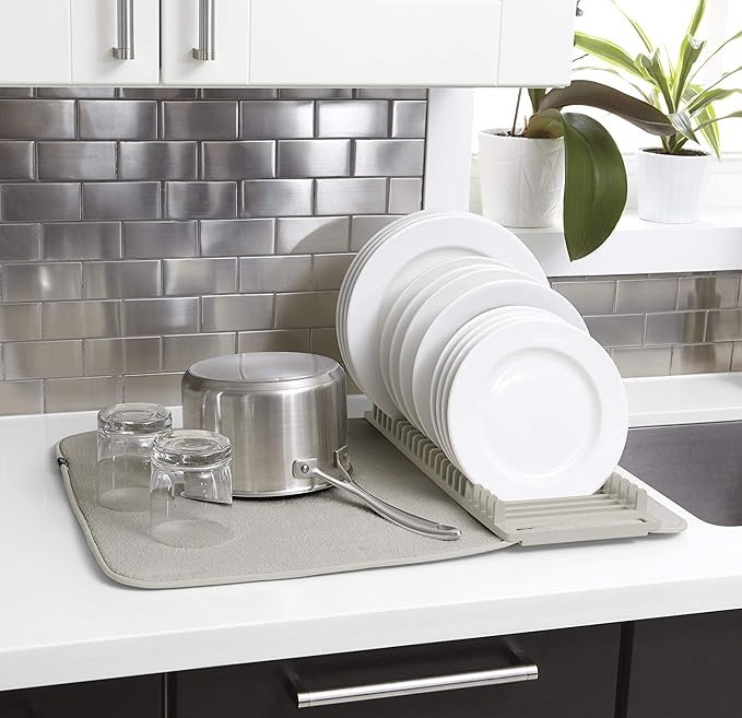 Umbra UDRY Rack and Microfiber Dish Drying Mat-Space-Saving Lightweight Design Folds Up for Easy Storage, Large, Light Grey