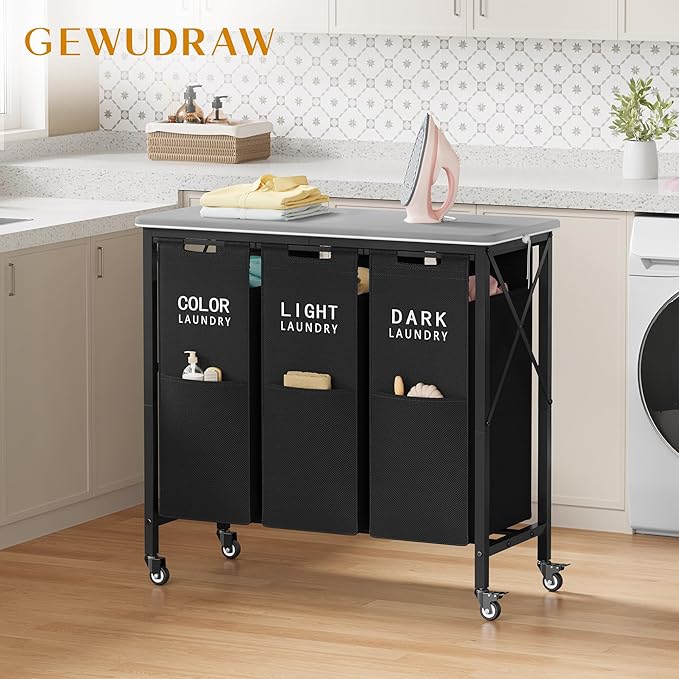 3 Section Laundry Sorter with Ironing Board, Laundry Hamper with Removable Bags, Heavy Duty Rolling Laundry Cart with Lockable Wheels for Bathroom Bedroom, black