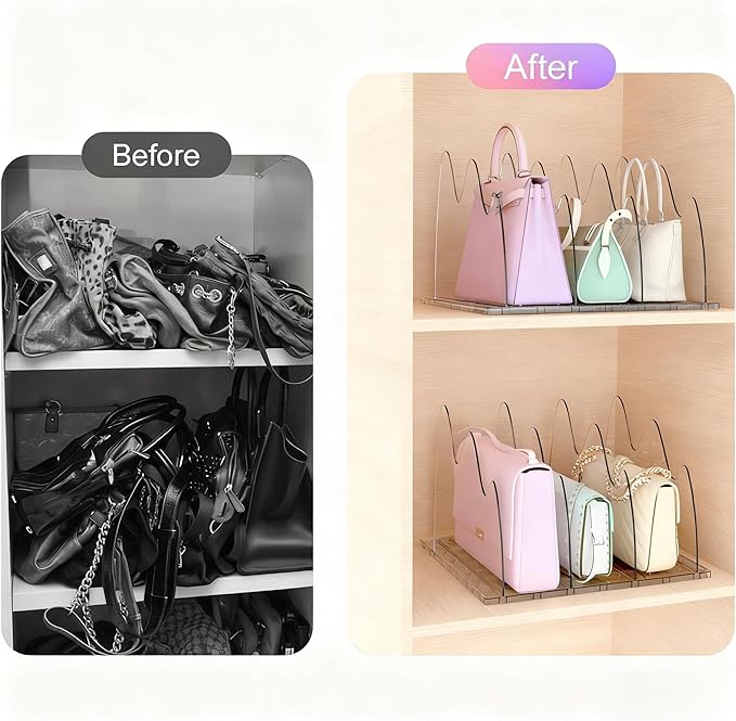 ANTOWIN 2 Pack Clear Purse Organizers for Closet, Adjustable Shelf Divider, Handbag Separators Storage Organizer, Shelf Divider in Bedroom, Office, Kitchen