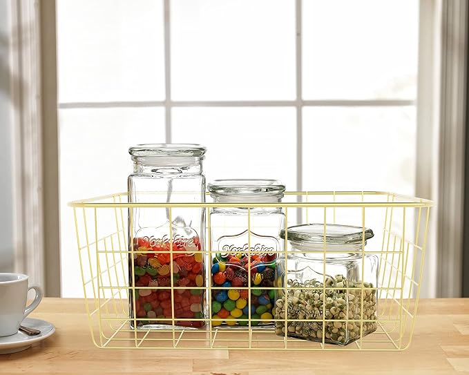Gold Wire Baskets for Organizing, Metal Storage Baskets with Handles, Sturdiness Small Wire Storage Basket Organizer Bins for Pantry Kitchen Bathroom, 4 Pack