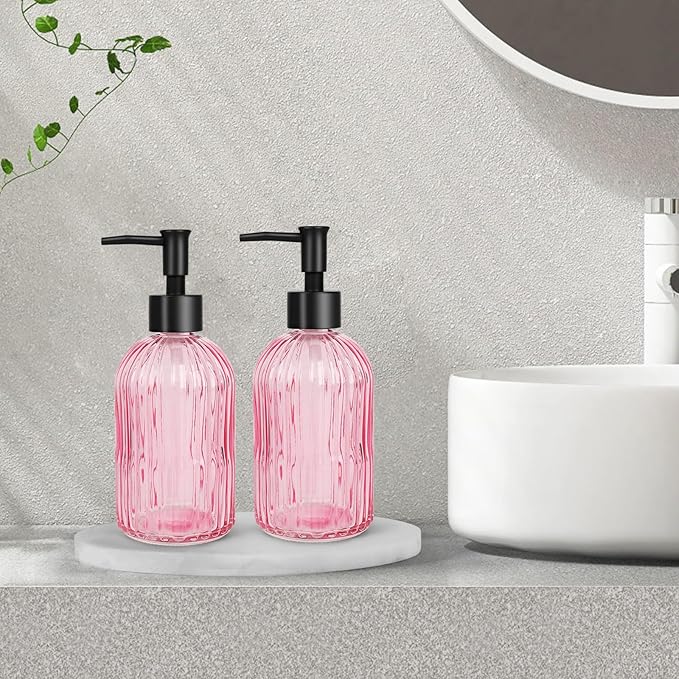 2 Pack Stripe Glass Soap Dispenser with Black Plastic Pump, 400ml Liquid Hand Soap Dispenser, Rustproof Pump for Kitchen & Bathroom, Great for Lotions, Essential Oil, Liquid Soaps- (Pink)